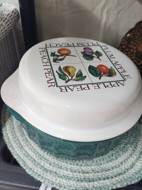 White & Teal Fruit-Print Covered Stoneware Dish